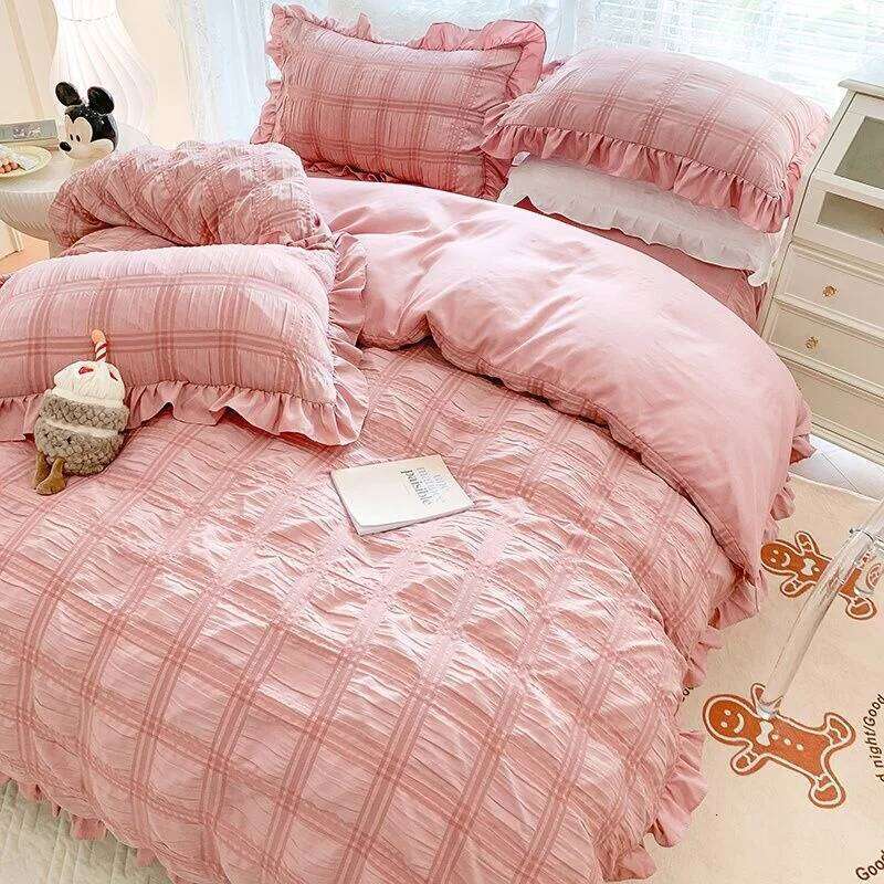 Seersucker Princess Set Solid Color Quilt Cover Kawaii Ruffle Lace Bed Skirt For Girls Woman Bedspread Decor Home W260302