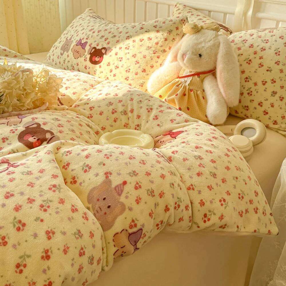 Printed Thicken Milk Coral Fleece Bedding Winter Comforte Warm Bedroom Decor Quilt Cover Bed Sheet Pillowcase Four-Piece Set W260302 W260302