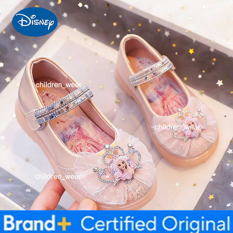 Disney KidsCasual Shoes Crystal Bow Princess Elsa PU Leather Shoes Spring Shoes For Girls Soft Bottom Pink Blue Shoes Size 26-34 H260303