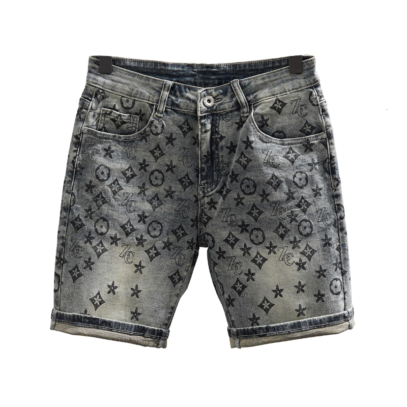 2026 Luxury Brand Designer Clothing Elastic Denim Shorts For Men, Summer Thin Style, Unique Full Body Print, Slim Fit, Straight Leg, Versatile, Slimmi