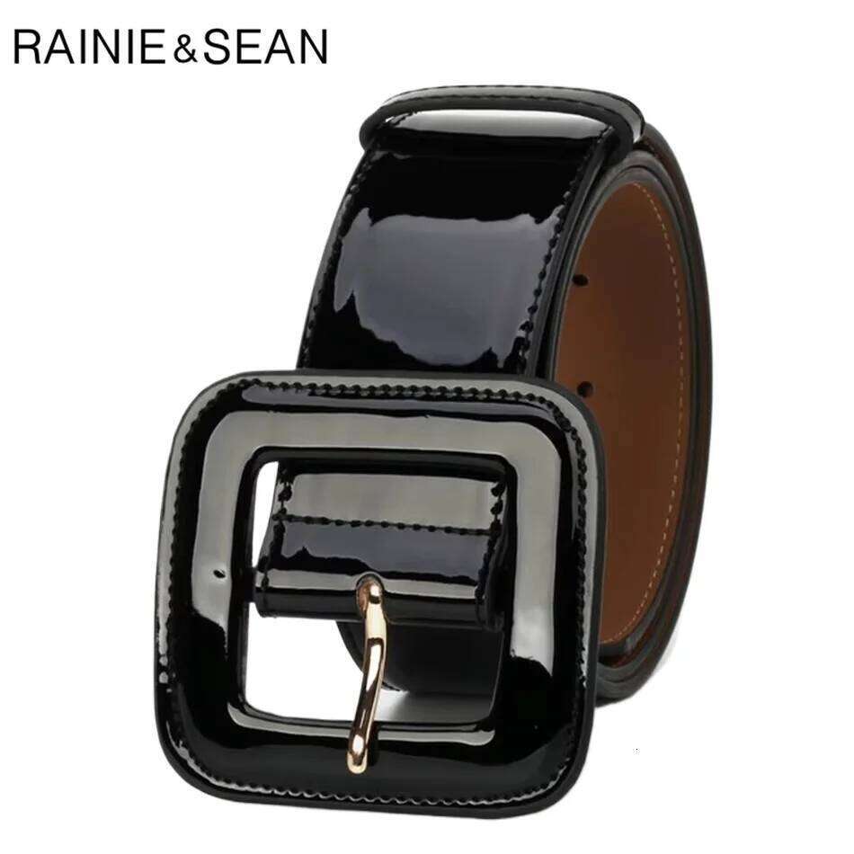 RAINIE SEAN Black Wide Ladies Belts Patent Women Genuine Leather Cowhide Fashion Big Buckle Belt for Dress Burgundy S260228