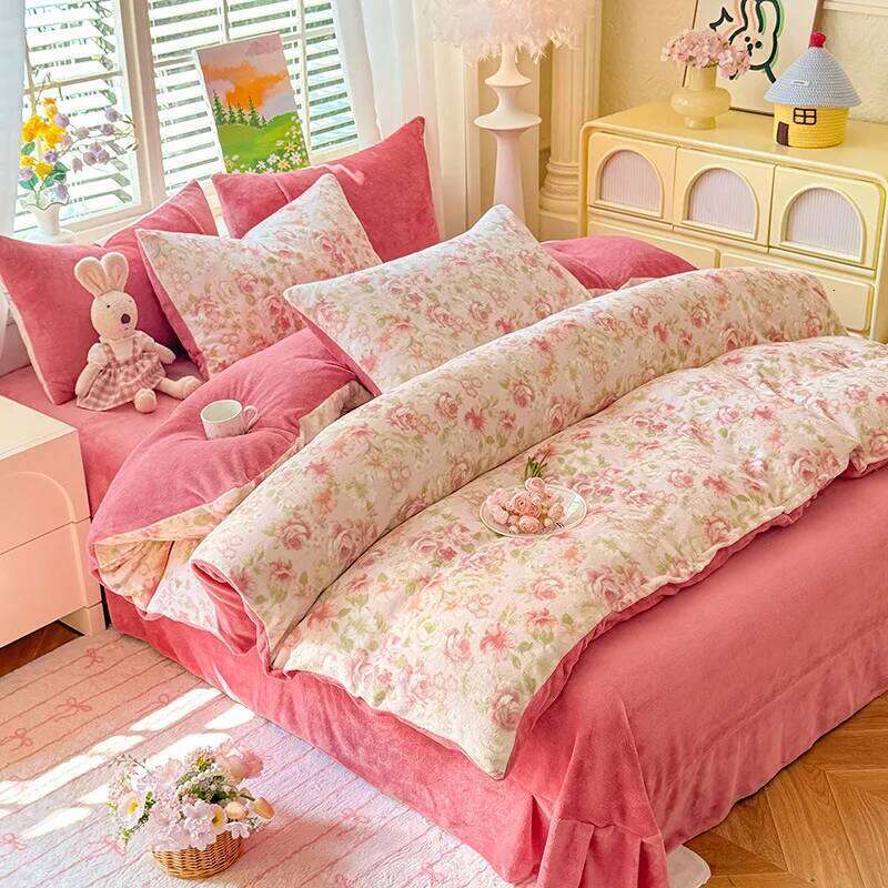2025 Fall/Winter New Printed Small Fresh Style Milk Fleece Bed Sheet Four-Piece Student Dormitory Three-Piece Set W260302
