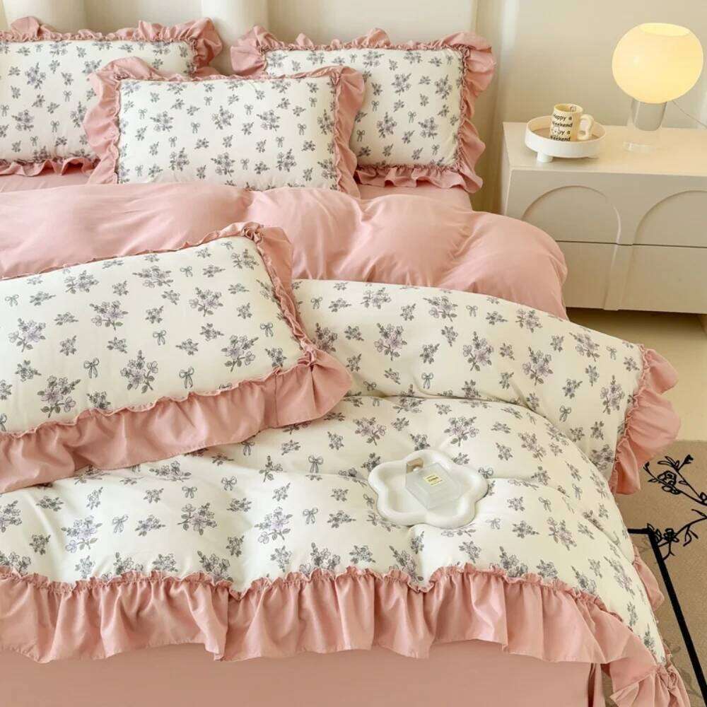 Korean Style knitted Double-Layer Yarn Four Piece Floral Lace Ruffles Bedding Set Soft Quilt Cover Bed Sheet Pillowcase 4Pcs W260302