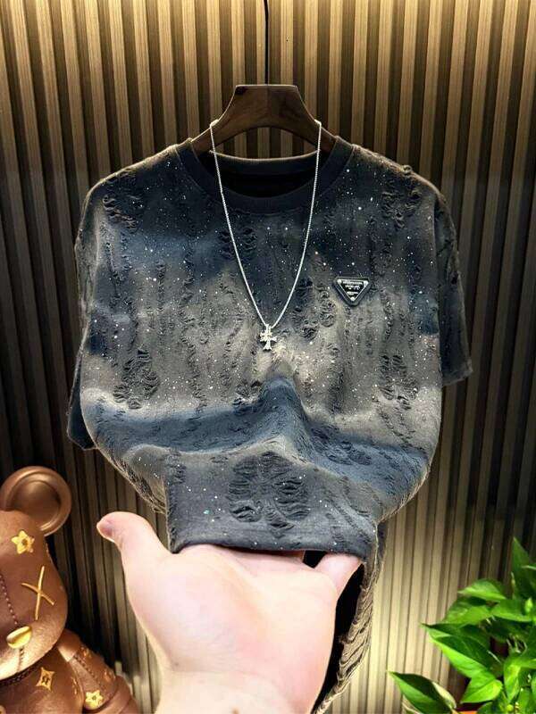 Summer Men's Ort Sve T-Irt Youth Luxury Round Ne Adient Hole Punch Trendy Cotton Polyester Blend Casual Wear