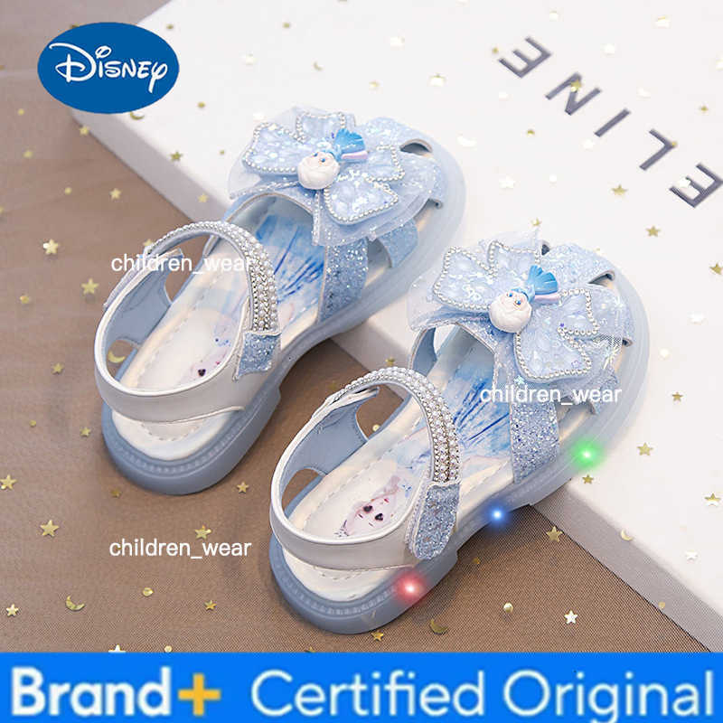 Disney KidsSandalsl Led Light Elsa Princess Frozen PU Leather Sequin Pearl Summer Shoes Anti-slip Breathable Pink Blue Size 22-32 H260303