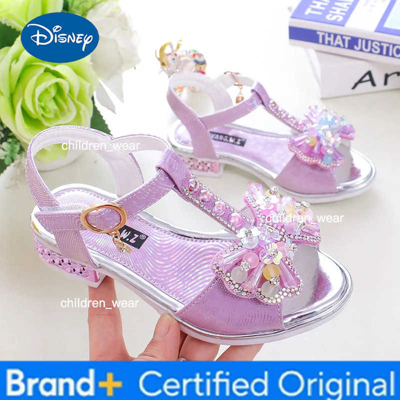 Disney Girls Dance Shoes Non-slip Soft Sole Kids Princess Shoes T-strap Open Toes 2025 Summer New Children Sandals Sweet Bows Non-slip H260303