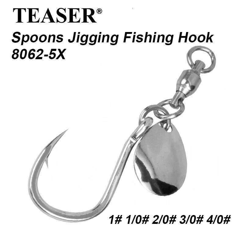 TEASER 5pcs HK043 Rotating Sequin 8062 Slow Jigging Stainless High Carbon Spoon Spinner Assist Hook Tackle Z260228