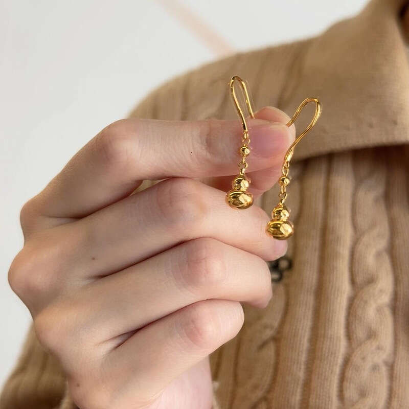 Gourd Earrings With Nano Vacuum Plating Tassel Stud For Women New Chinese Style Light Luxury Earrings