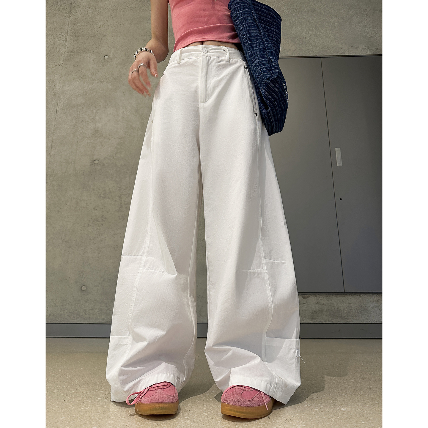 White Americn-style Work Pnts For Women Summer New Model High-wisted Designer Pnts Slimming Curved Cut Loose Lightweight Csul Wide-leg Pnts