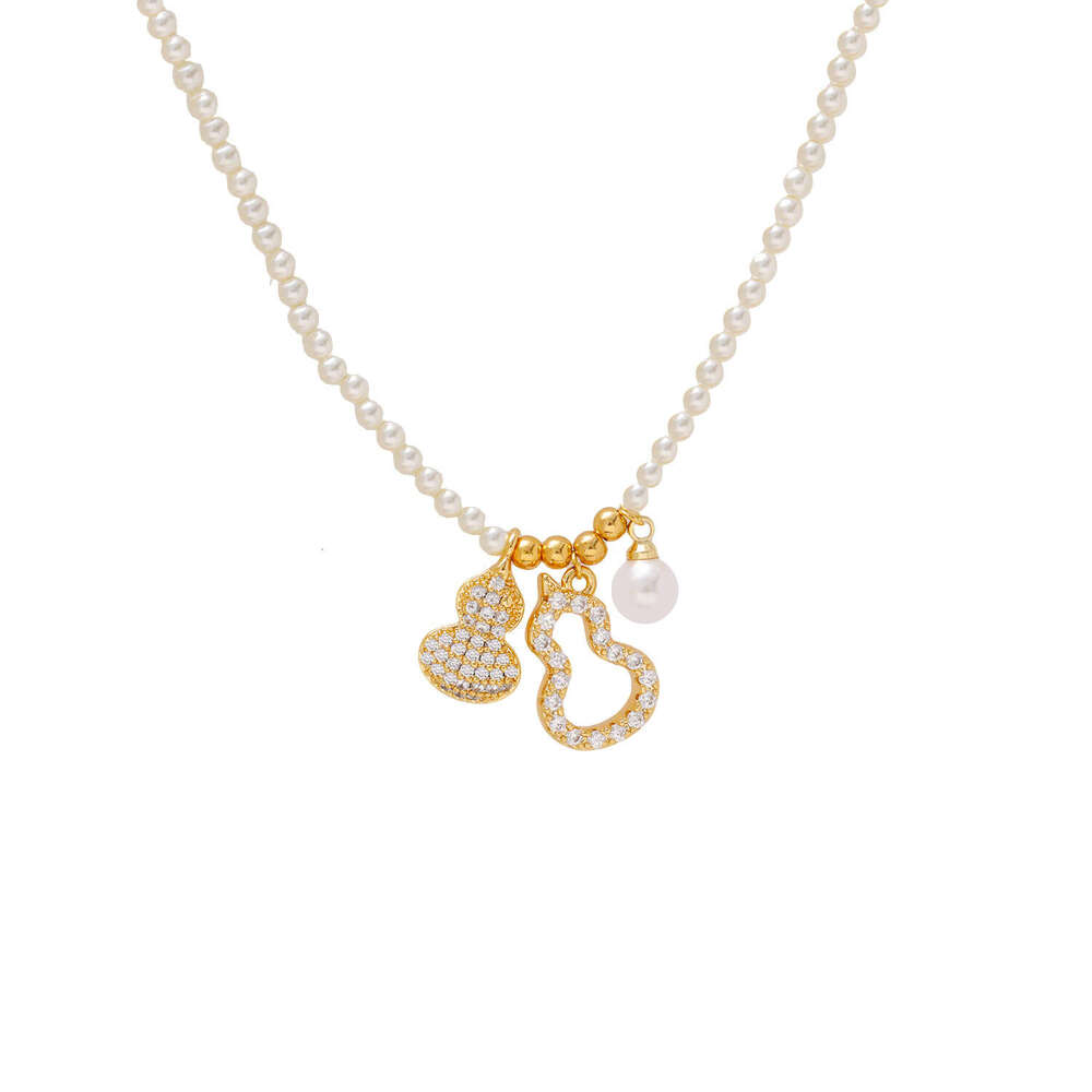Round Millet Pearl Necklace For Women Diamond-encrusted Gourd Pendant Collarbone Chain Neck Accessory