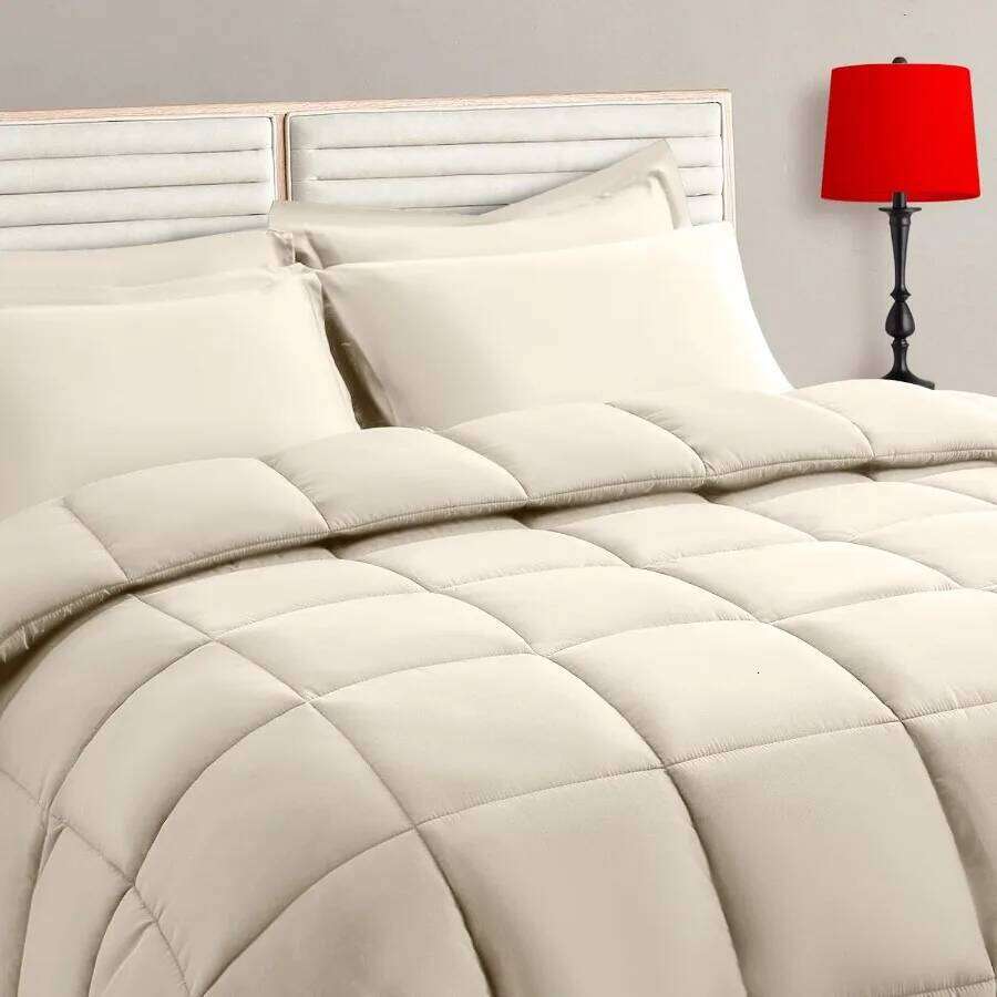 Light Beige Full Size Comforter Set - 7 Pieces Bed in a Bag Bedding with All Season Soft Quilted Warm Fluffy Reversible Comfort W260302