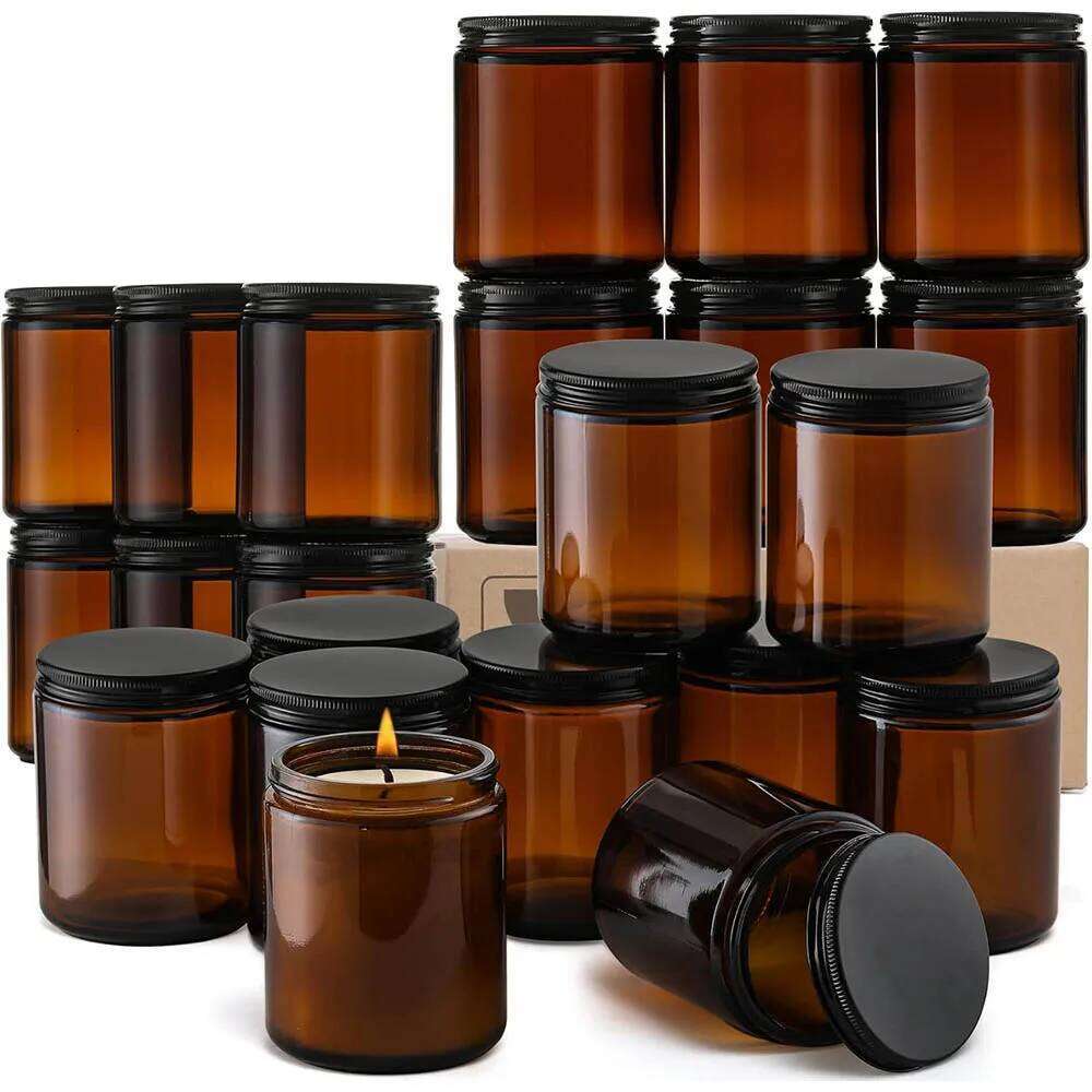 8oz Amber Glass Jars with Black Lids - For Candle Making, Food Storage, Canning, Spices, Liquids W260303