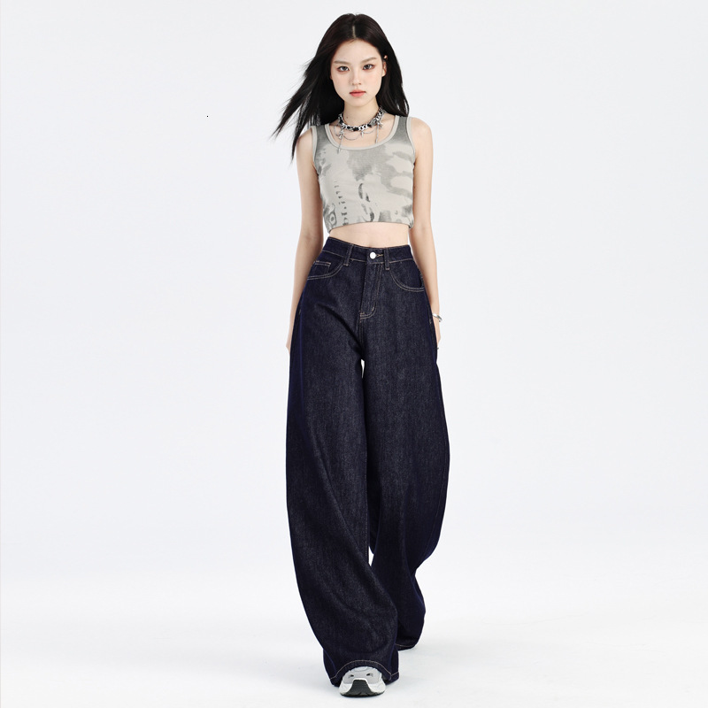 Non-fding Drk Blue Women's Jens New Utumn Style Americn Design Loose Fit Slimming Designer Pnts Stright-leg Floor-length Wide-leg Pnts