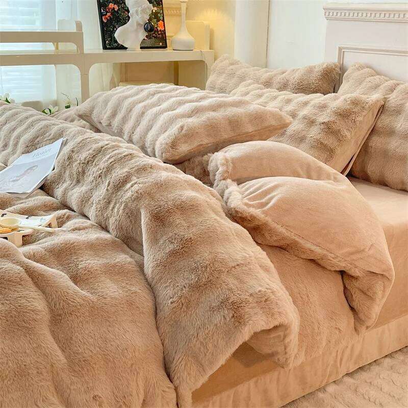 4Pcs Faux Rabbit Fur Blankets for Beds Winter Luxury Fluffy Plush Throw Blanket Bedroom Sofa Cover Pillowcase Cozy&Soft Bedding W260302