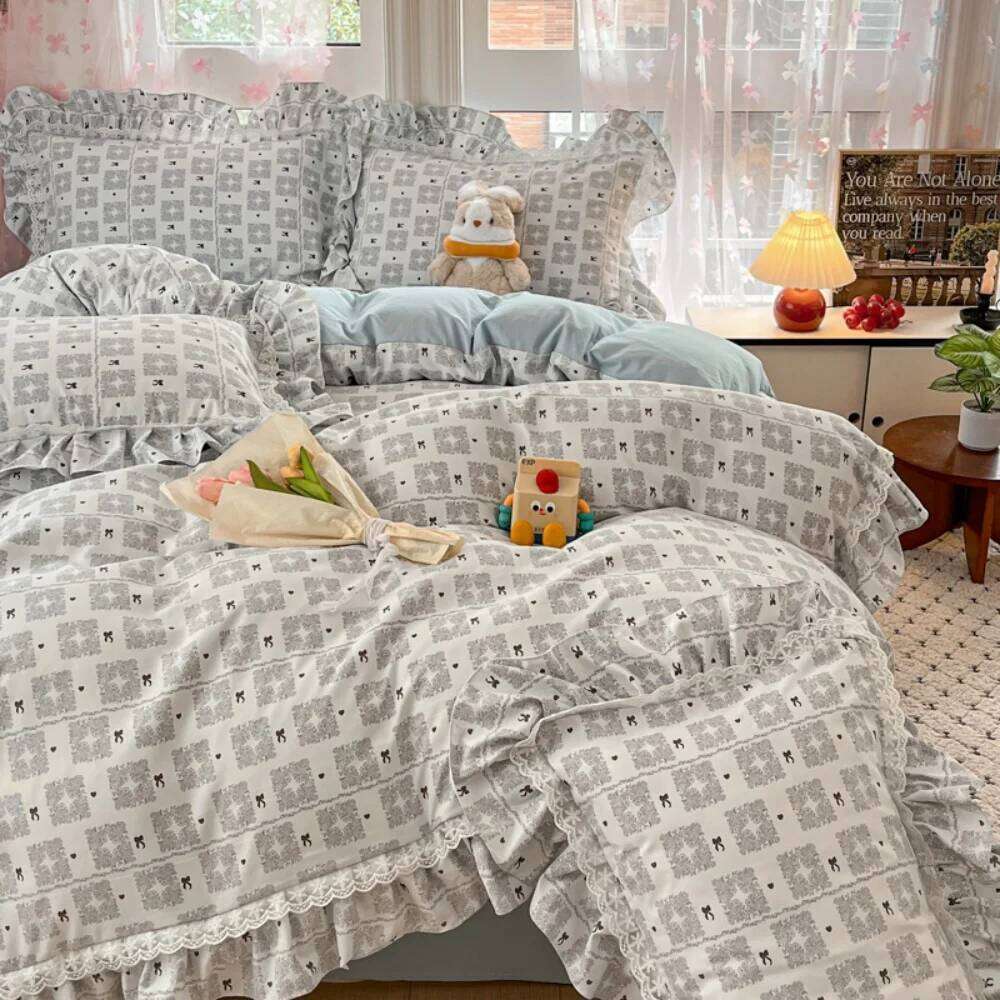 Korean Pure Cotton Bedding Princess Style Four Piece Set Student Dormitory Quilt Cover Bed Sheet Bedroom Decor Home Textiles W260302 W260302