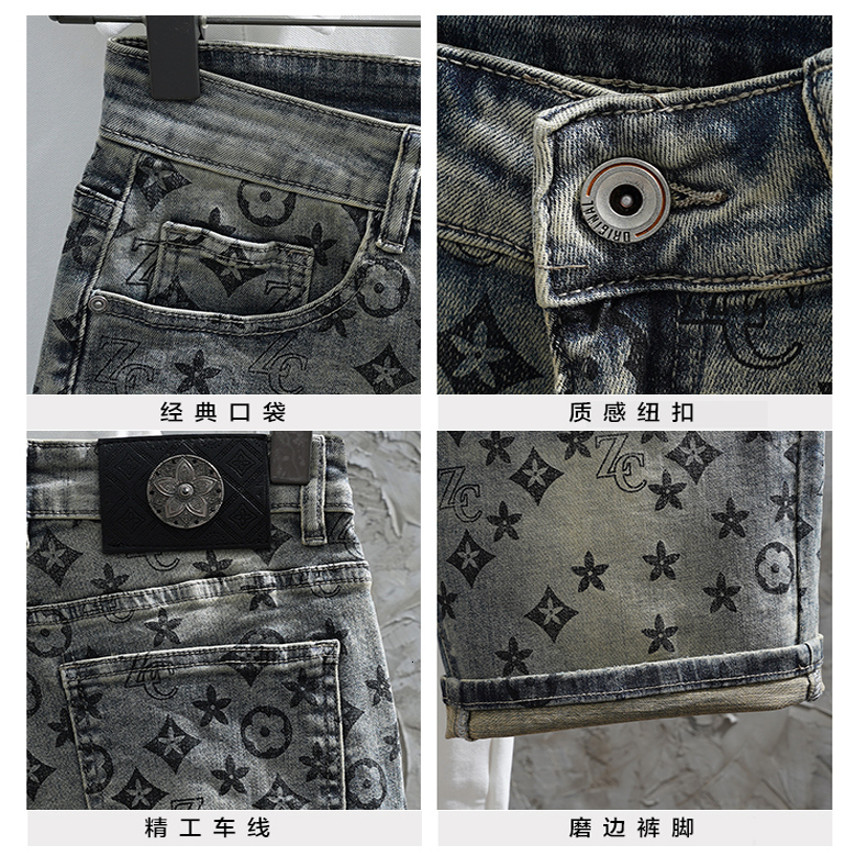 2026 Luxury Brand Designer Clothing Elastic Denim Shorts For Men, Summer Thin Style, Unique Full Body Print, Slim Fit, Straight Leg, Versatile, Slimmi