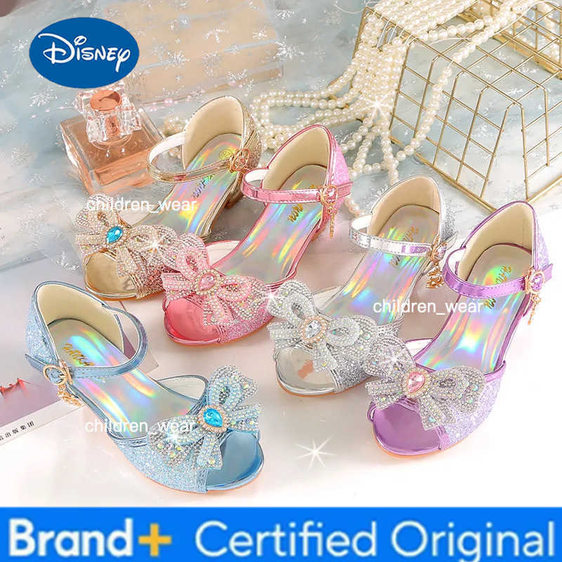 Disney Summer Girls Sandals With Heel Fashion Rhinestone Shiny Glitter Shoes Children Princess Bowtie Pearl Dancing Shoes H876 H260303