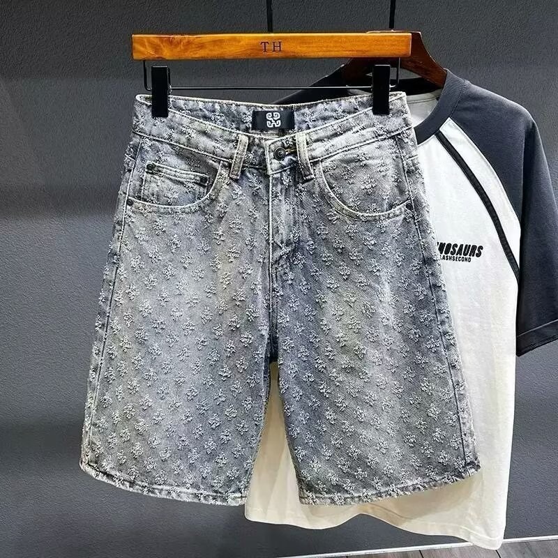 2026 Luxury Brand Designer Clothing Summer American-Style Casual Retro Distressed Ripped Denim Shorts For Men, Straight Cut, Loose Fit, High Street Ve