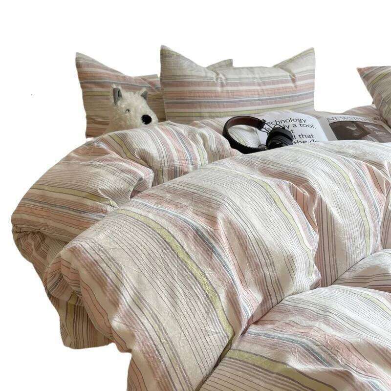 simple wind-washed pure cotton striped sheet four-piece set, choose 1.2M bed for dormitory models W260302