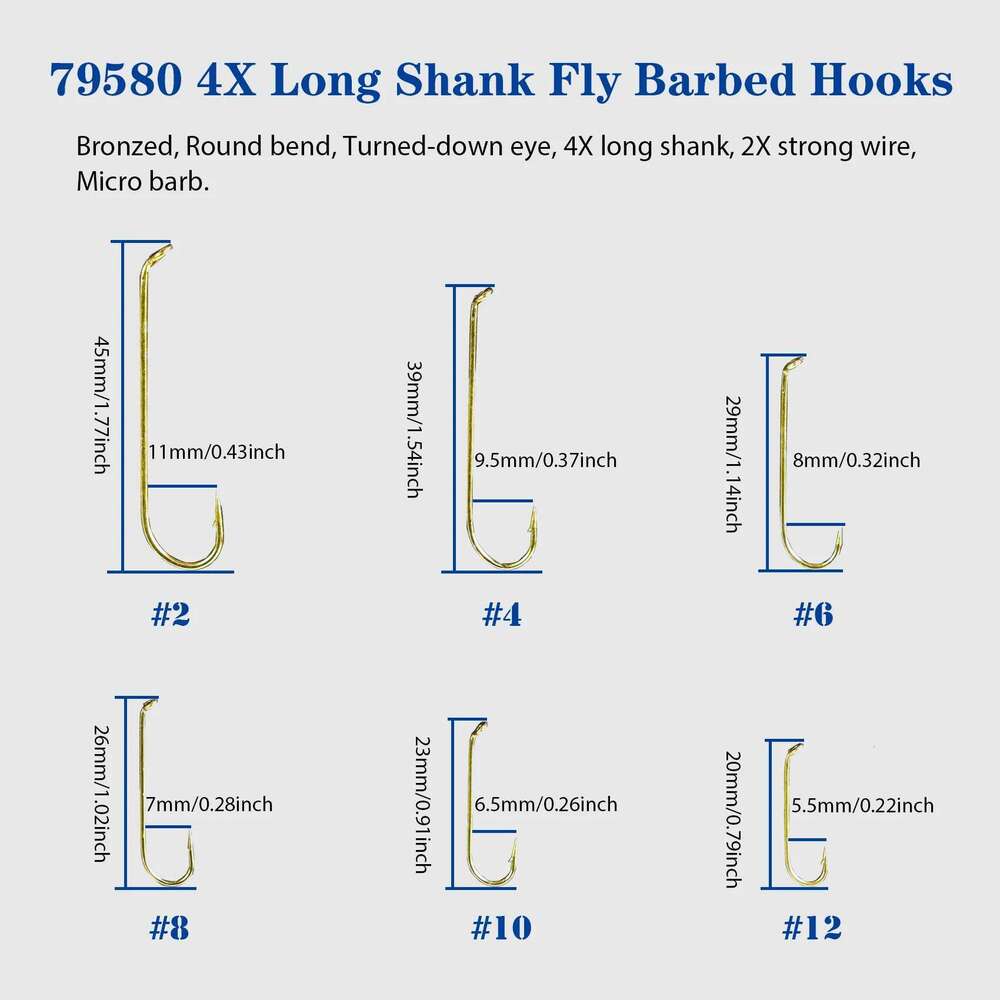 Aventik EP-79580 5X Long Fly Tying Hooks for Nymphs and Streamers Bronze, Round Bend, 2X Strong Wire fishing hook Z260228