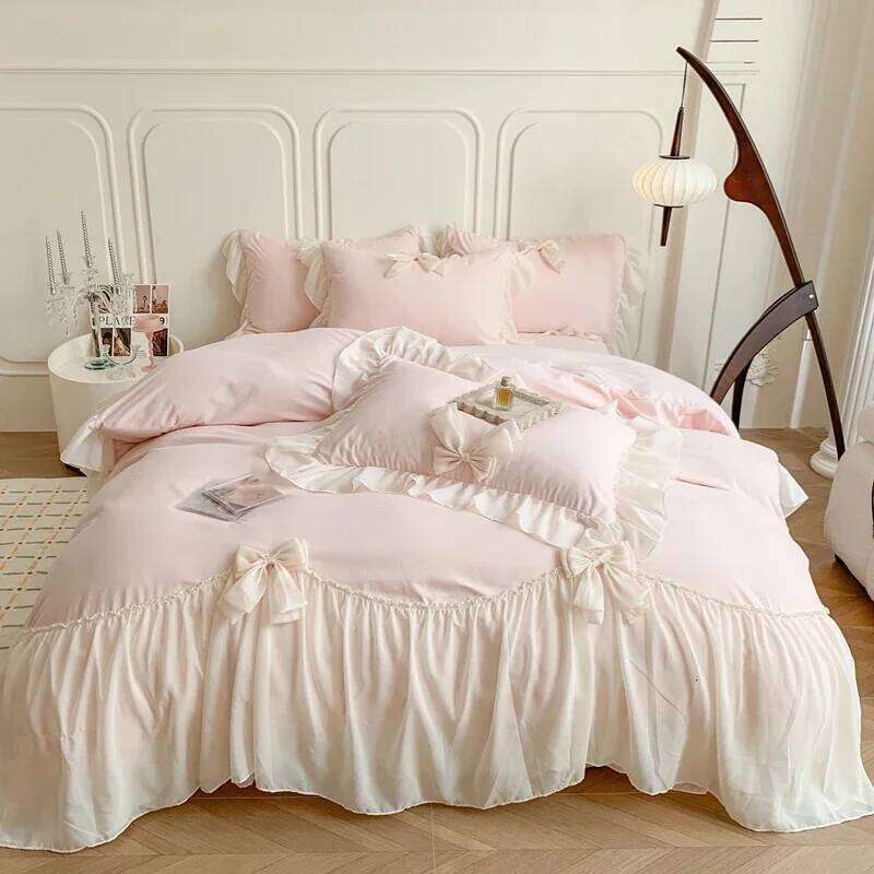 Chiffon Lace Bedding Set Pink France Romantic Princess Wedding Ruffles Bow Soft Duvet Cover Bed Sheet Pillowcases Home Textile W260302