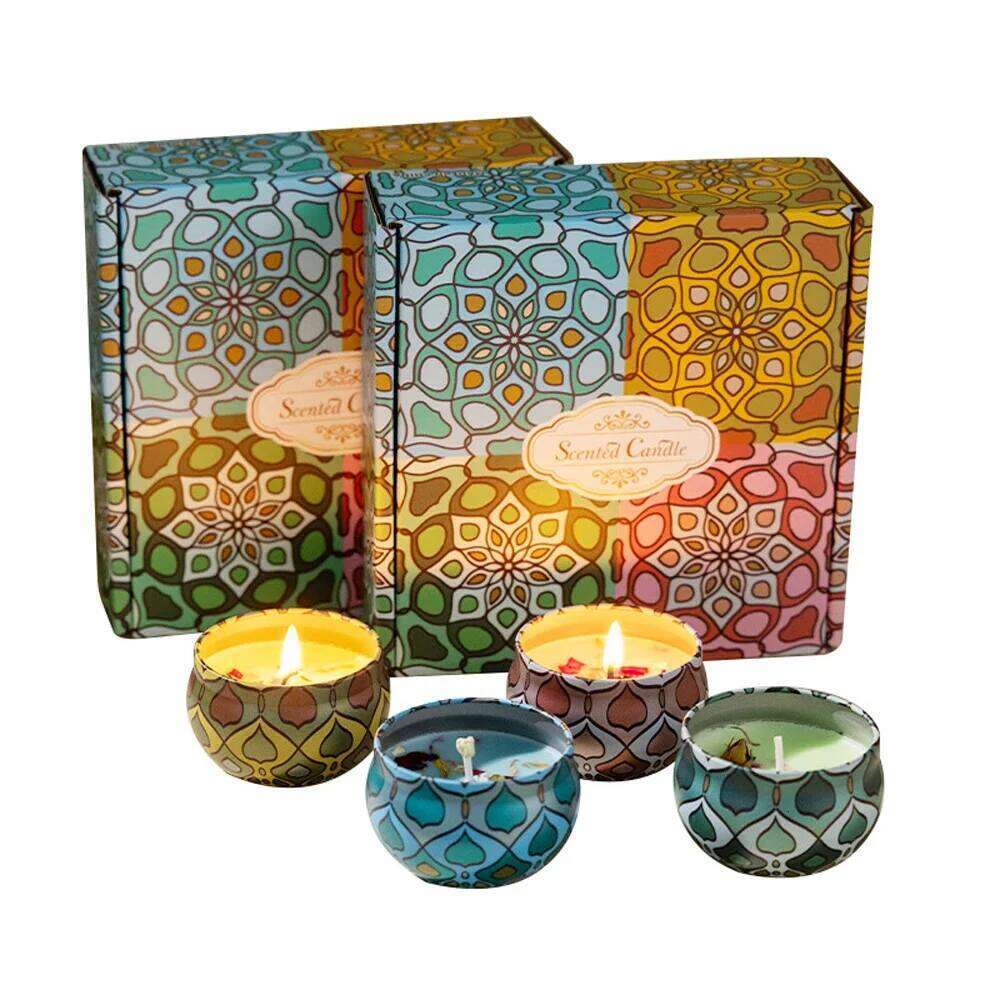4Pcs Scented Set, Soy Wax Candle in Metal Tin Aromatherapy Candles with Floral Scents Home Decor Gift for Women W260303