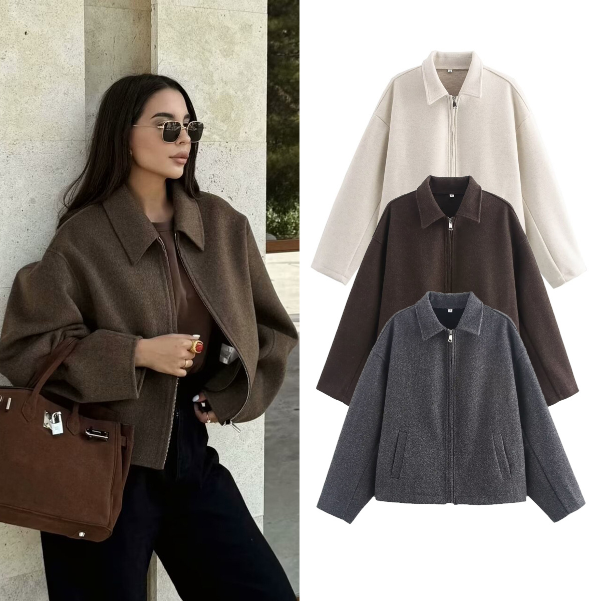 Women's Jackets Spring/Autumn Fashionable Three-Color Solid-Color Oversized Zippered Wool-Blend Outerwear