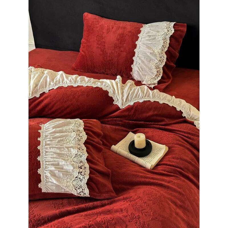 French lace edge winter bed sheet four-piece set milk fleece festive positive red engraving craft quilt cover bedding W260302