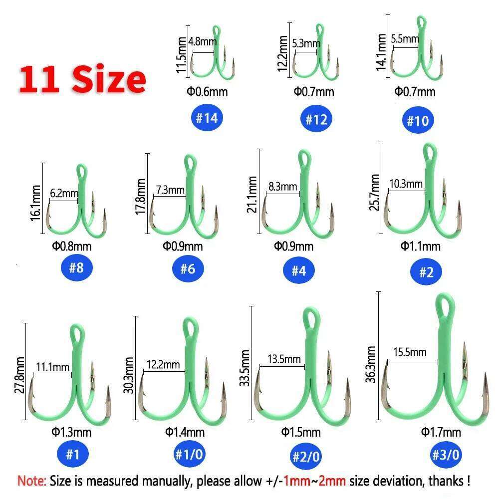 ICERIO 5/10pcs 14#-3/0# Fluorescent/Luminous Round Bent Inline Treble Hooks Saltwater Freshwater Fishing Lure Bait Triple Hook Z260228
