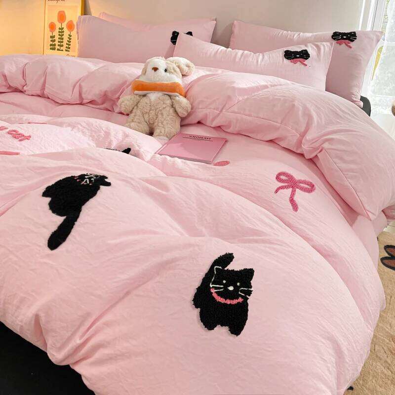 Korean Style Pink Bedding Set Black Cat Embroidery Washed Cotton Duvet Cover Cute Cardboard Bed linen Comforter Sets W260302