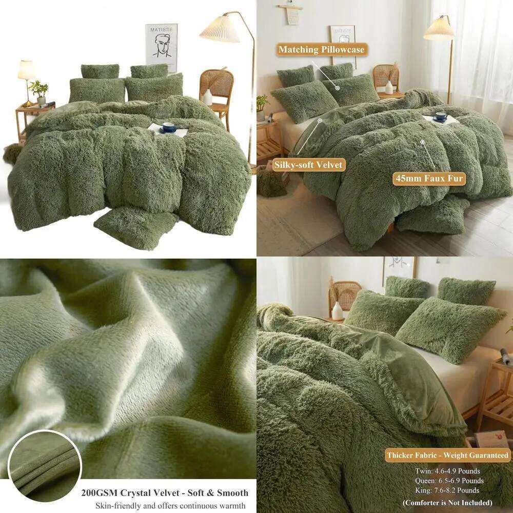 Luxury Sage Green Plush Shaggy Duvet Cover Set with 2 Pillow Shams, Queen Size W260302
