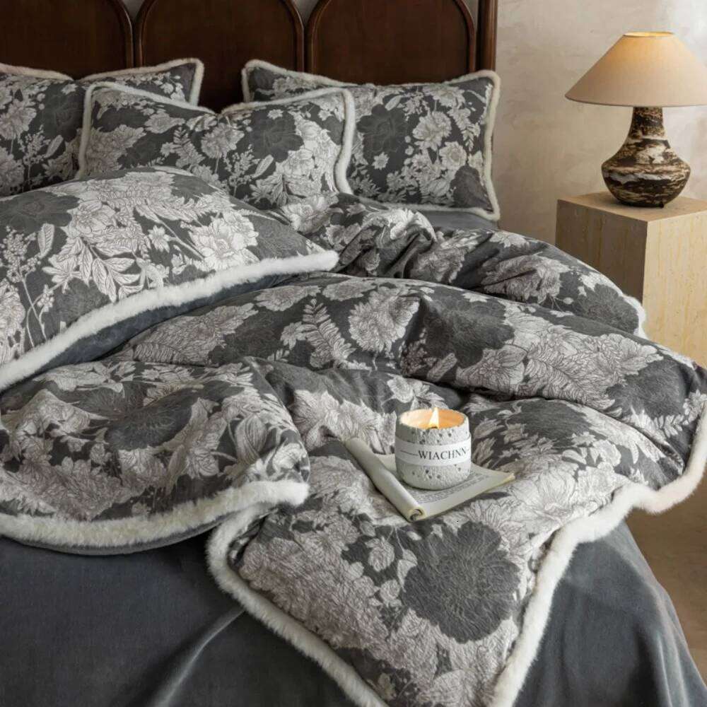 Thickened Retro Cotton Linen Milk Velvet Four-Piece Winter Warm Bedding Set Floral Printed Quilt Cover Pillowcase Bed Sheet W260302