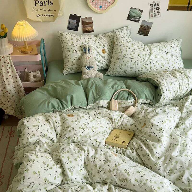 A-Class Washed Cotton Printed Comforter 4Pcs Cartoon Style Nude Bed Sheet Bedding Set Lightweight Breathable Duvet Kits W260302