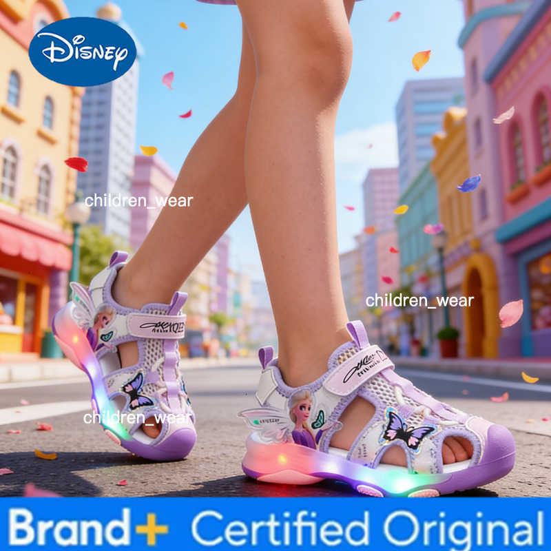 Disney Frozen Elsa Princess Girls LED Sandals Summer Childrens Sports Beach Pink Purple Girls Soft Shining Shoes Size 25-30 H260303