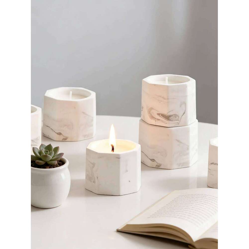 Marble-pattern octagonal cup scented candle, soy wax, smokeless fragrance, long-lasting burn W260303