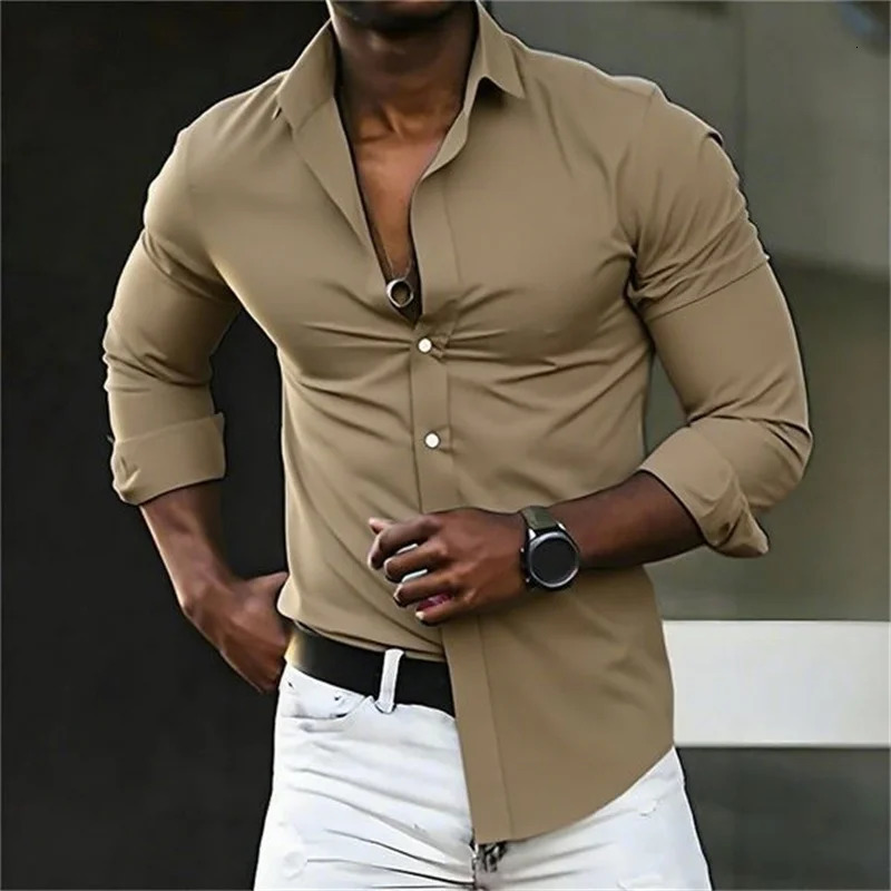 mens shirt solid color long sleeve casual fashion black and white multi-color optional all seasons business mens shirt 260227