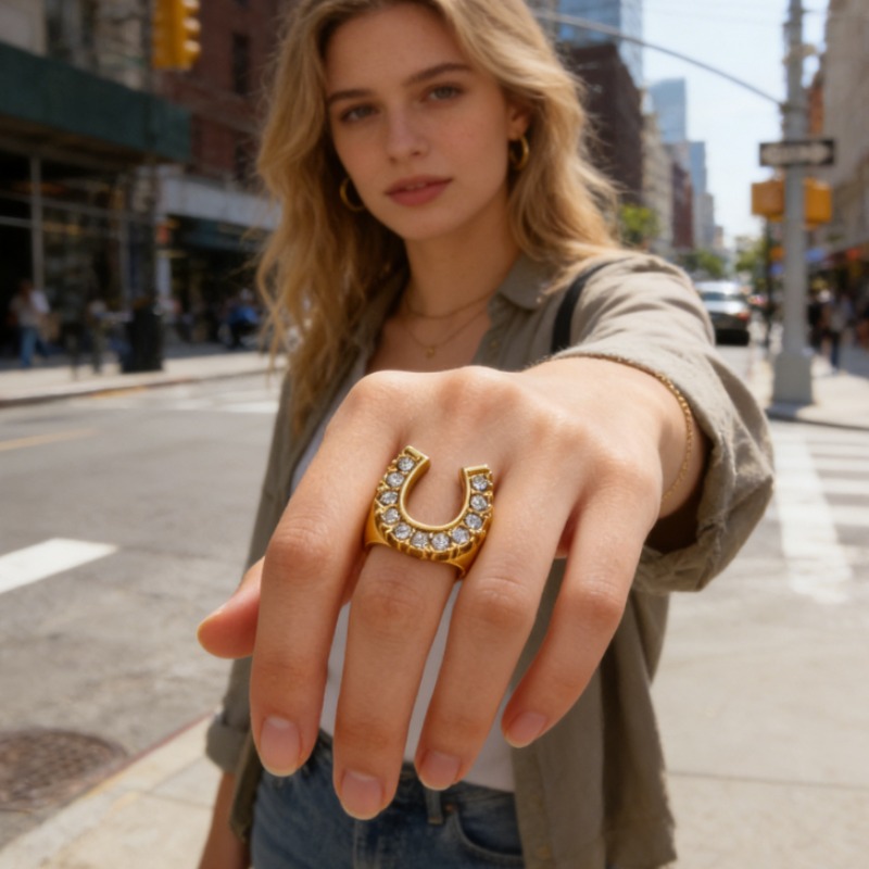 Women's Elegant U-Shaped Zircon Inlaid Ring Minimalist High-End Texture Open Adjustable Finger Ring Luxury Daily Party Banquet Premium Jewelry Gi