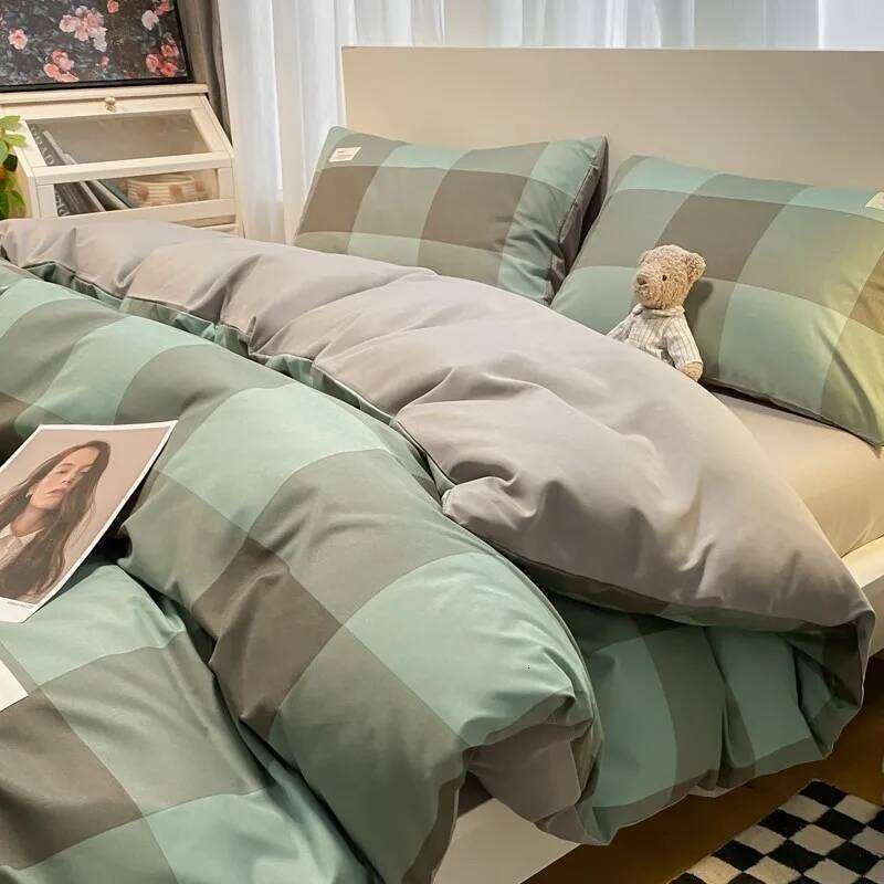 Japanese Style Grid Printed Bedding Washed Cotton Sleeping Naked Quilt Cover Sets Queen/king Size Bed Linens Set W260302