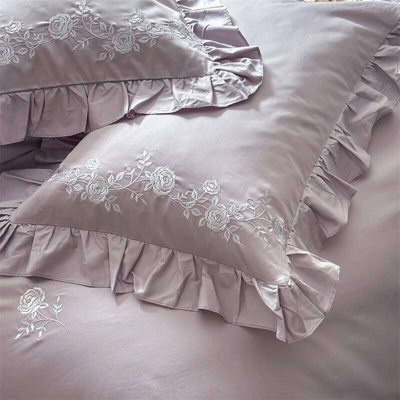 Flowers Embroidery Ruffles Purple Luxury Bedding Set 1000TC Egyptian Cotton Duvet Cover Flat/Fitted Bed Sheet Pillowcases 4Pcs W260302