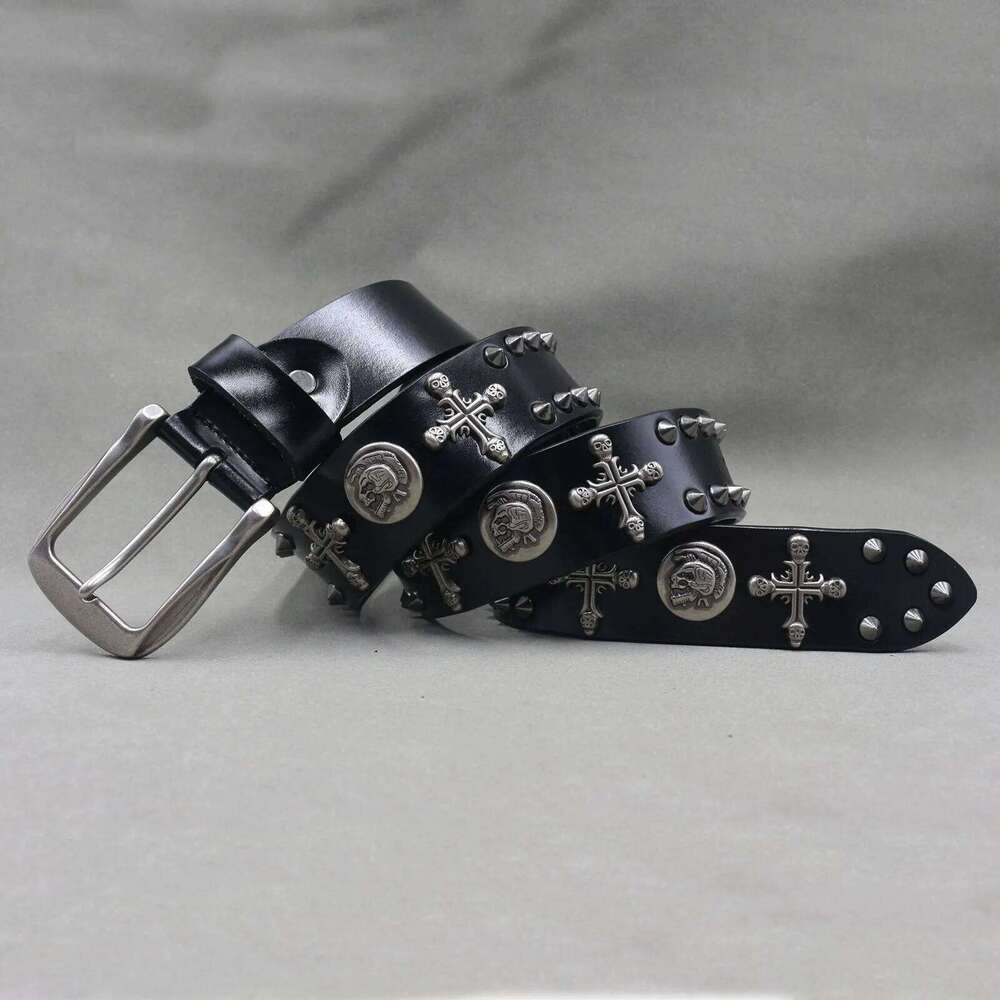 Metal Skull Cross Cowboy Genuine Leather Cowskin Belt Punk Rivet Jeans Belts For Men Ceinture S260228