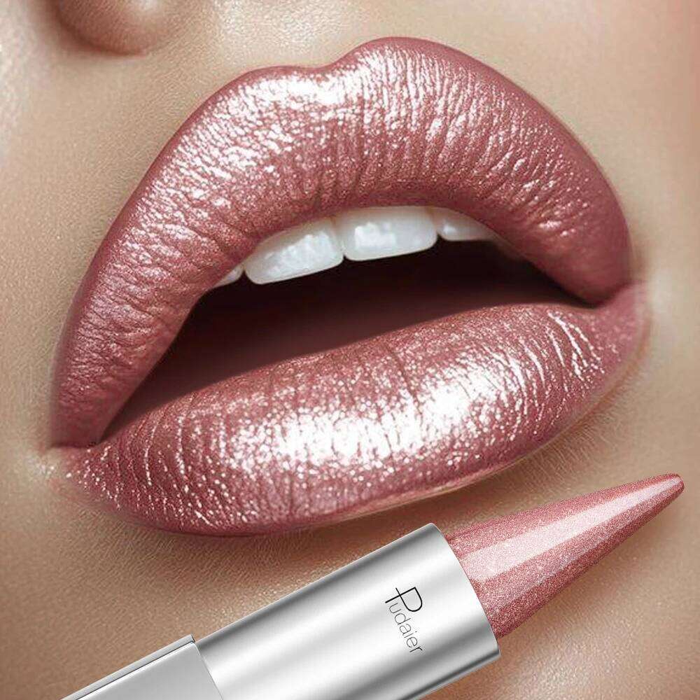 Nude pink waterproof and long-lasting metallic texture, pearlescent shimmering lipstick, suitable for all H260302