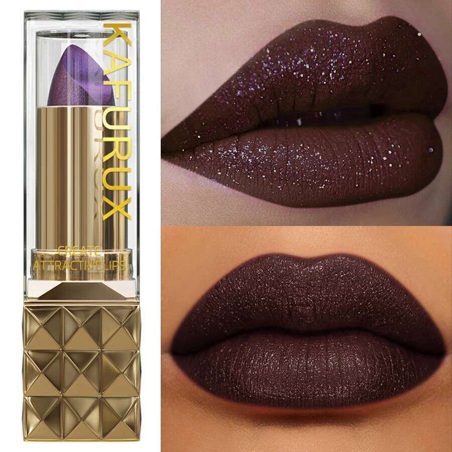 1pc Sexy Glitter Shiny Red Lipstick Pearlescent Tint, Long Lasting Senior Matte Lip Makeup Gifts for Women Metallic lip H260302