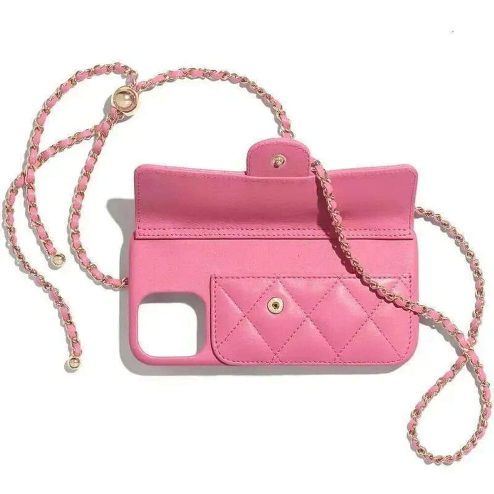 Phone Case Luxury Pink Quilted Leather Crossbody Chain Strap Wallet Card Holder For Iphone 13 14 15 Series