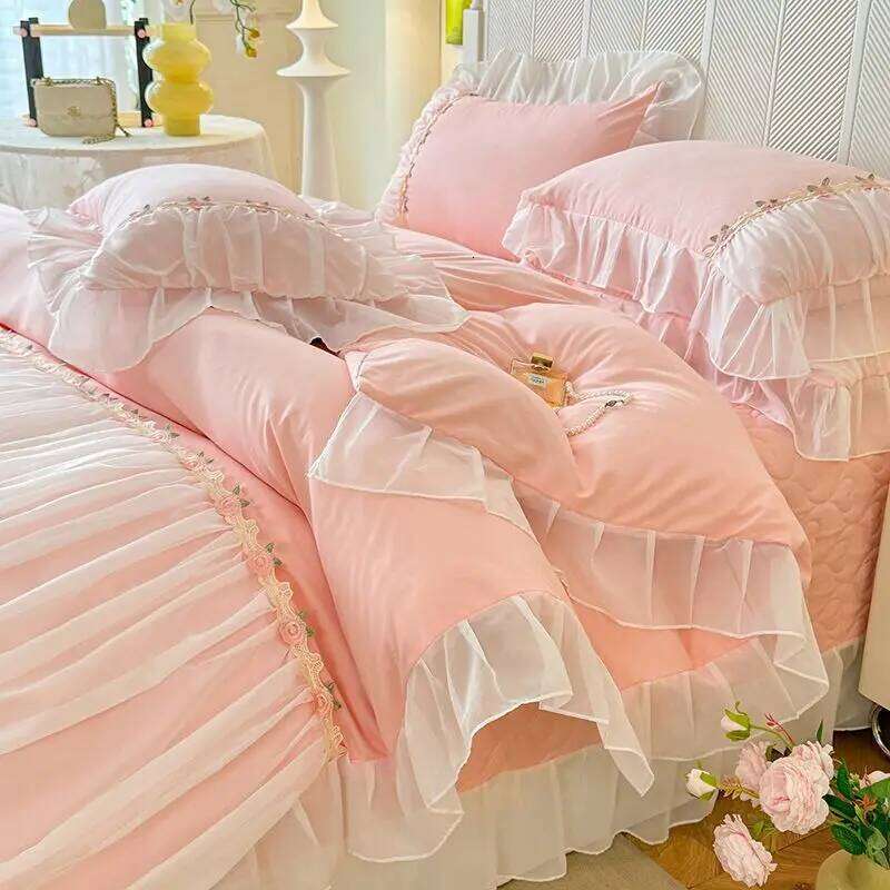 Light Luxury French Four-piece Bedding Set Washed Cotton High-grade Fairy Solid Color Bed Sheet Quilt Cover W260302
