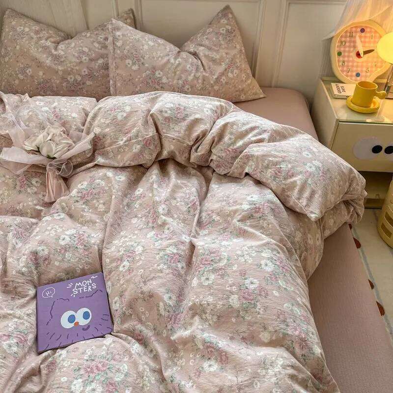 Four-piece set household Class A pure cotton four-season universal quilt cover bed sheet simple plant flower printing and dyeing W260302