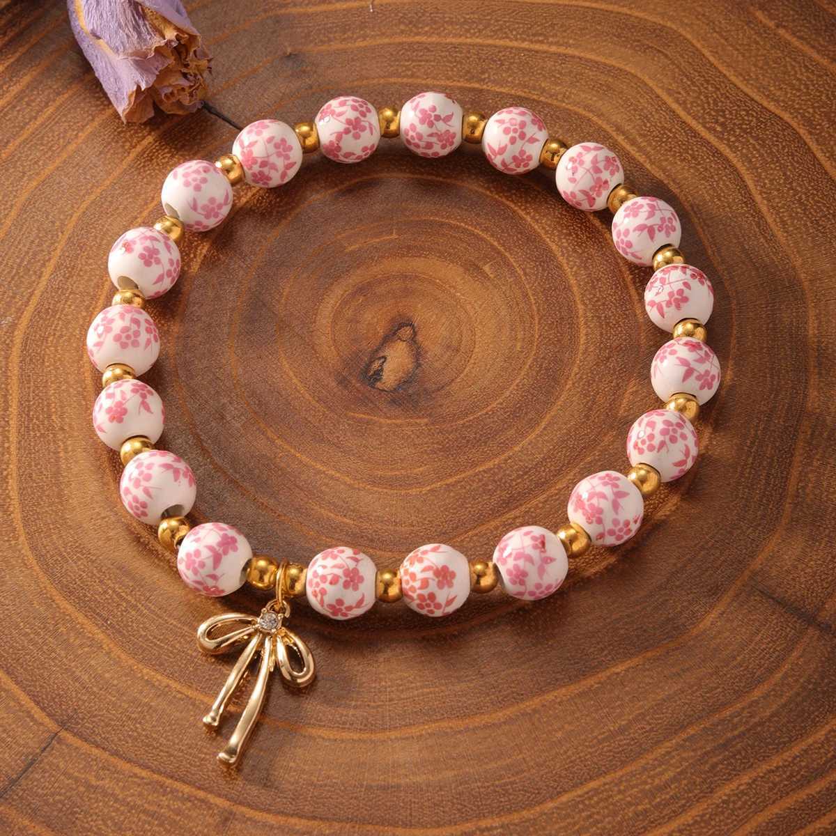 gold jewelry bow bracelets for women blue and white porcelain ceramics beaded bangles jewellery pulseras H260303