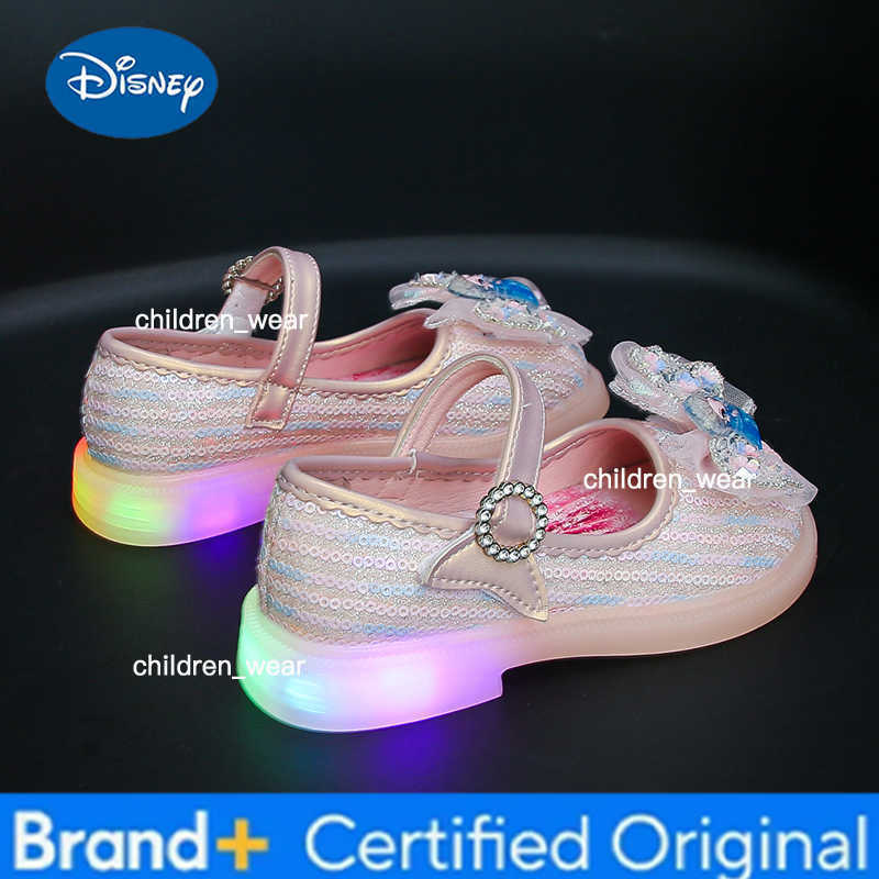 Disney 2025 Cartoon Elsa Soft Bottom Shoes Girl Princess Shoes Frozen Crystal Sandals Children Flat Flower Girl Leather Shoes H260303