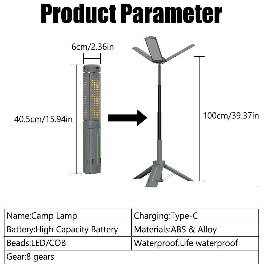 8000mAh Telescopic Camping Lamp, USB Rechargeable Flash Light, Waterproof with 8 Dimmable Modes for Outdoor Hiking Emergency Survival S260302