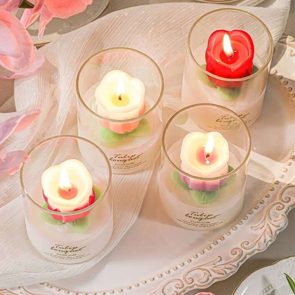 Handmade Tulip Glass Jar Aromatherapy Scented Soy Wax Candle, Birthday Wedding Candles, Home Party Decoration W260303