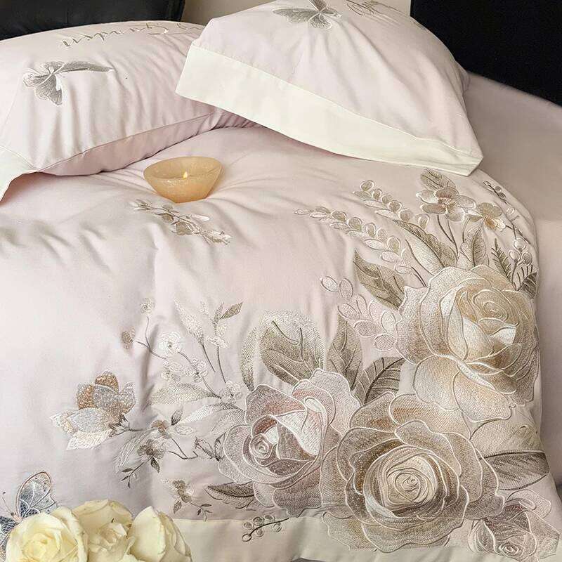 4 Piece Light Luxury Style Long Staple 100% Cotton Floral Embroidery Bedding Set Duvet Cover 200x230 220x240 Four Seasons W260302